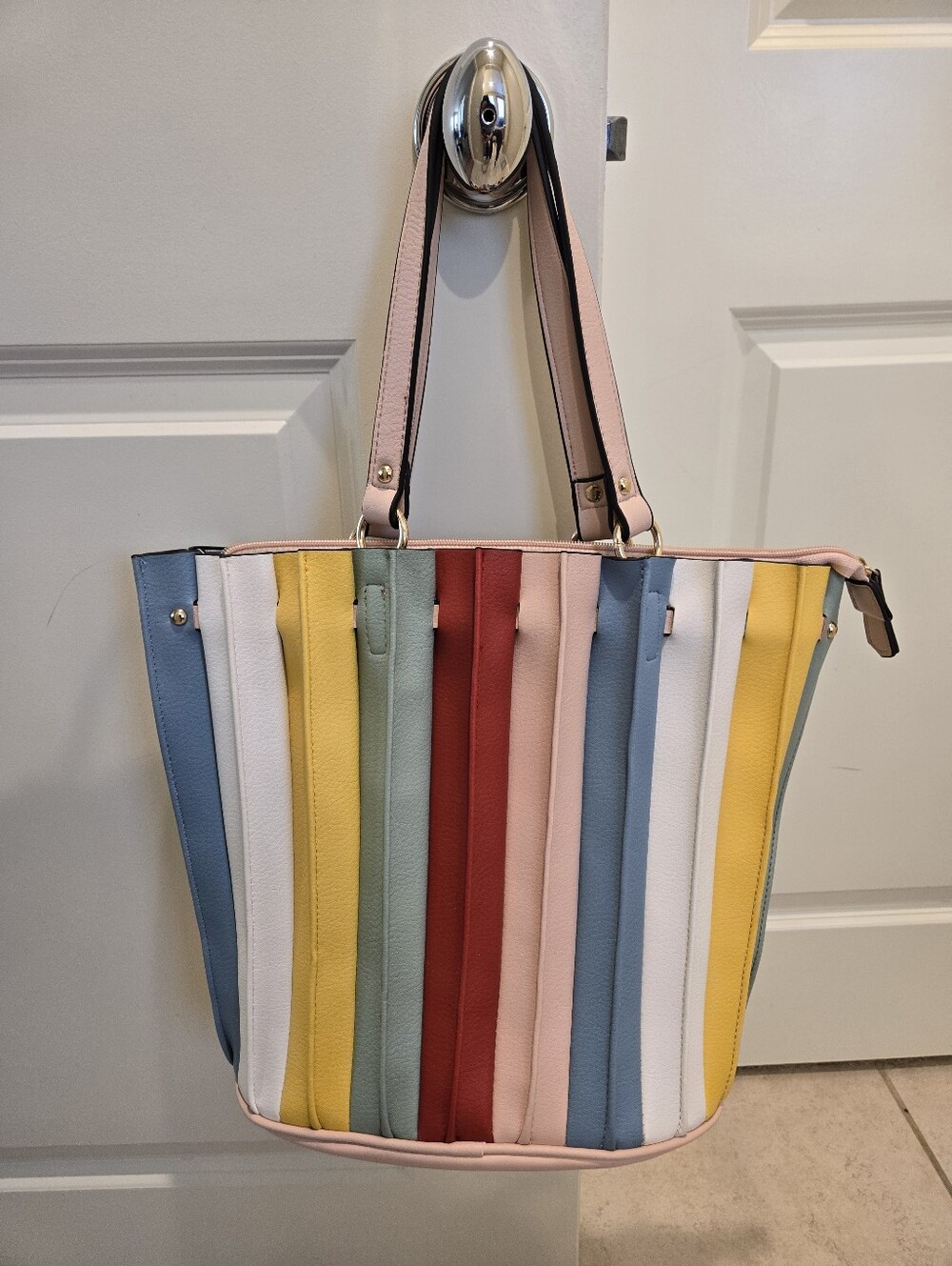 Multicolor Striped Colorblock Faux Vegan Leather Tote Bag Purse Circus Colors